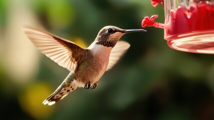 Naklejka premium Hummingbird feeding on red feeder in lush garden setting