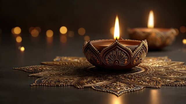 A close-up of a candle in an ornate vessel, set on a golden design, with blurred lights in background