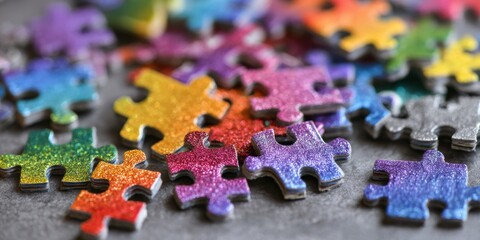 Autistic Pride Day. Colorful glitter puzzle pieces arranged randomly on gray surface