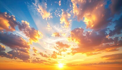 Obraz premium Dramatic Golden Sunset with Fluffy Clouds against a Blue Sky