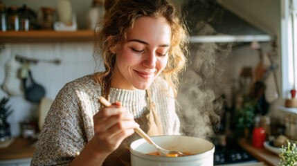 Woman cooking soup in kitchen.