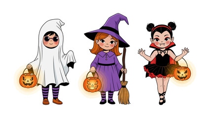 Halloween Costume Trio: Three children in whimsical Halloween costumes, each holding a glowing jack-o'-lantern, ready to bring the festive spirit.