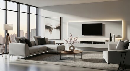 Modern Living Room Interior with City View.