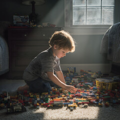 Naklejka premium Young boy playing with colorful LEGO blocks in bedroom with natural window light