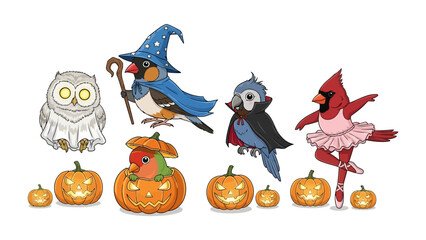 Whimsical Halloween Avians: A collection of charming illustrations of birds adorned in playful Halloween costumes, sharing smiles and spooky delight.