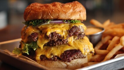 Delicious Double Cheeseburger with Fries on a Metal Tray.