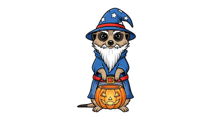 Meerkat Wizard with a Pumpkin: A charming cartoon meerkat dons a whimsical wizard costume complete with a pointy hat and a pumpkin lantern, spreading a touch of Halloween magic.