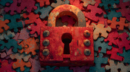 Digital illustration of red puzzle lock surrounded by scattered puzzle pieces, illuminated by warm glow. design symbolizes security, problem solving, and creativity