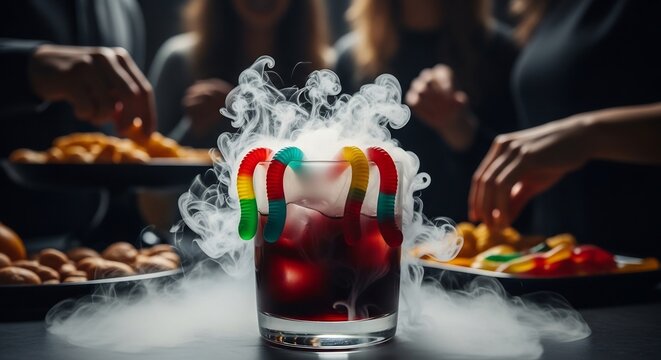 A smoking cocktail garnished with gummy worms sits amidst blurry figures at a social event
