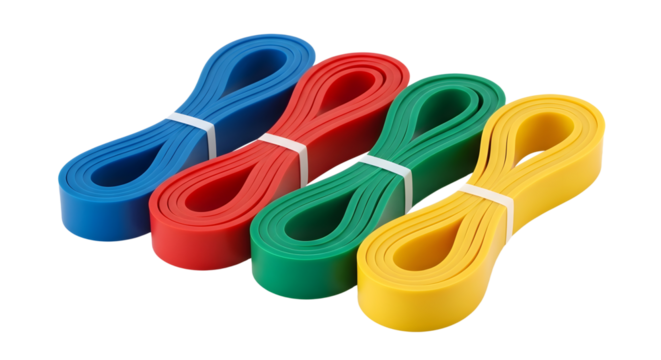 Colorful Resistance Bands Set Flat Lay on White Background