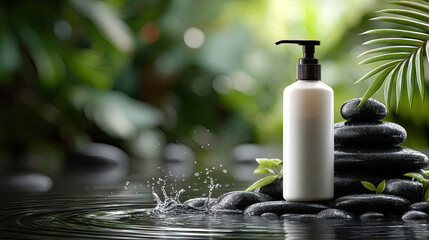 Natural spa lotion bottle with black stones and water splash