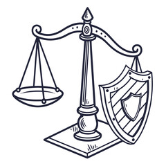 Vector art of scales of justice with shield symbol of law, fairness, and protection, representing balance, equality, and legal defense in the judicial system