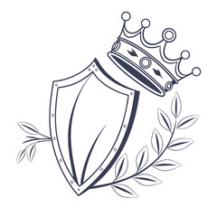 Vector art of a handdrawn illustration of a shield with a crown and laurel branch, the shield is a classic heraldic shape, with a pointed bottom and a simple design