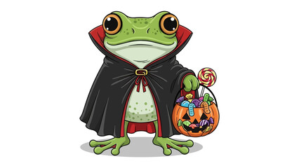Spooky Frog's Halloween Treat: A whimsical illustration features a friendly frog in a vampire cape, clutching a candy-filled jack-o'-lantern basket, celebrating Halloween. 