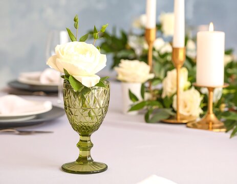 Elegant table setting with a single white rose in a green glass - Powered by Adobe