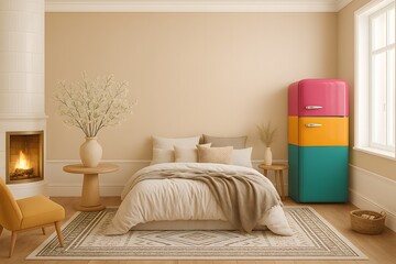 Cozy Bedroom Interior with Fireplace, Geometric Rug, and Retro Colorful Fridge