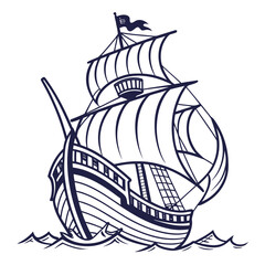 Illustration of a majestic galleon sailing on the high seas, the ships sails are full, and the flag is waving in the wind, creating a sense of adventure
