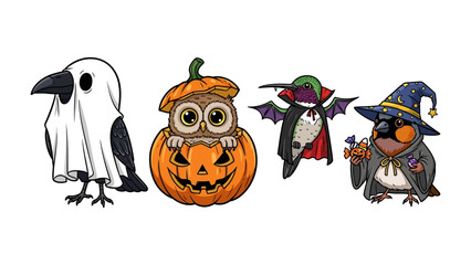 Halloween Themed Cartoon Characters: A group of creatively illustrated cartoon characters donned in a range of Halloween-themed costumes against a clean backdrop. Perfect for festive projects!