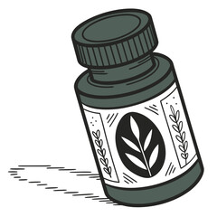 Vector art of a dark green medicine bottle with a label featuring a plant, a simple illustration of herbal remedies, natural health, and alternative medicine