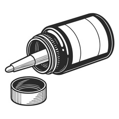 Illustration of a medicine bottle with liquid spilling out, the bottle is lying on its side with the cap next to it, creating a simple design