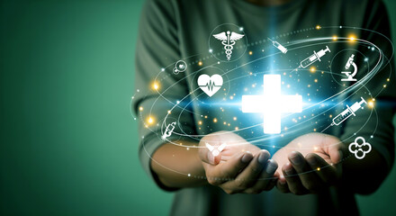 Human hands holding glowing holographic healthcare icons, symbolizing innovation in medical technology and patient care.