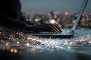 Close-up of hands typing on laptop with cityscape and glowing digital fiber optics