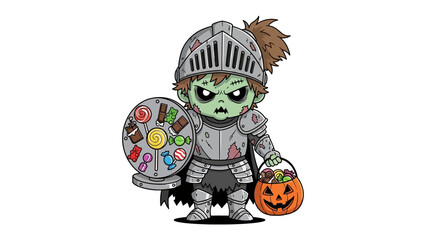 Zombie Knight Halloween: A captivating illustration depicts a spooky zombie knight ready for Halloween, donning shining armor and wielding a candy-filled shield and a pumpkin-shaped treat bag.