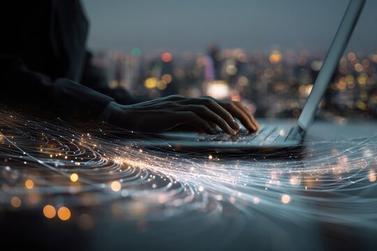 Close-up of hands typing on laptop with cityscape and glowing digital fiber optics