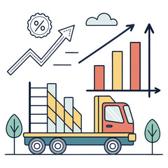 Illustration of a flatbed truck carrying bars with rising graph, representing business growth, the truck symbolizes transportation and logistics