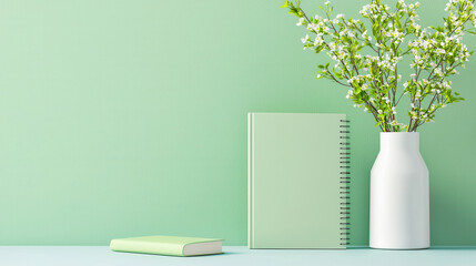 Clean stationery setup featuring green notebook, smaller book, and white vase with flowers against mint green background