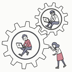 Illustration of people working inside gears, symbolizing teamwork, collaboration, and productivity ideal for business and technology themes