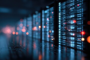 Server room interior showing data racks and lights, with bokeh effect and shallow depth of field