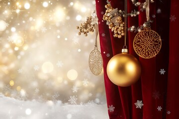Festive Holiday Decor Featuring Golden Ornaments and a Luxurious Red Velvet Curtain Backdrop with a snowy effect