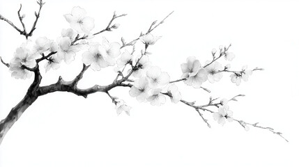 Obraz premium Delicate cherry blossom branch with intricate flowers and slender twigs, showcasing elegance and tranquility in minimalist style