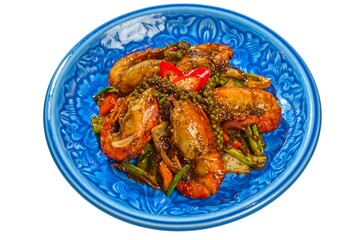 Vibrant Thai Prawn and Bell Pepper Stir-fry on a Blue Plate