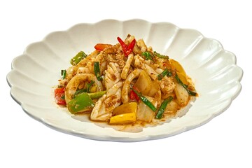 Spicy Thai Seafood Stir-fry with Chili, Onions, and Colorful Bell Peppers