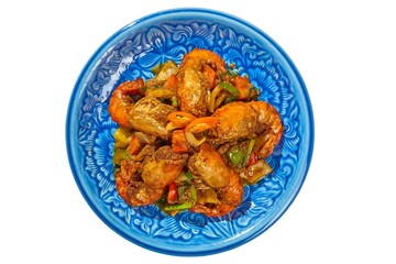 Vibrant Thai Prawn and Bell Pepper Stir-fry on a Blue Plate