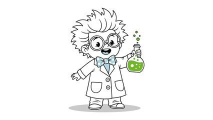 Genius in a Lab Coat: A captivating depiction of a young scientist, with an untamed hairstyle, circular glasses, and a friendly bow tie, holds a beaker brimming with a luminous, verdant potion.