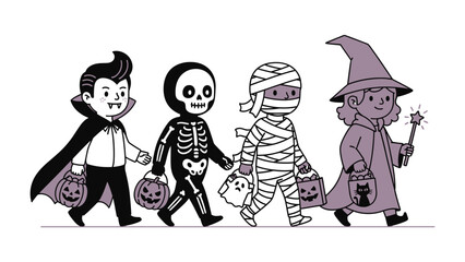 Halloween Costume Parade: A delightful illustration of children dressed in classic Halloween costumes, each carrying a treat bag and ready for a night of fun.