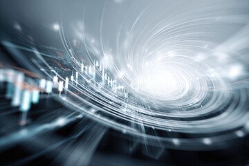 Abstract, swirling vortex with data visualizations. Dynamic curves and luminous effects with financial symbols