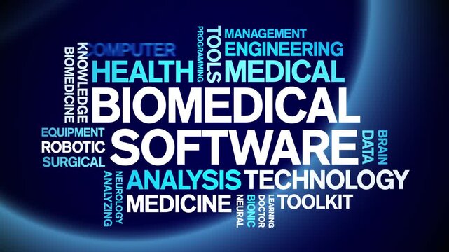 Biomedical software animated word cloud-text design animation tag kinetic typography seamless loop.