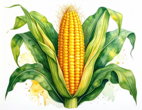 Detailed illustration of a corn cob with vibrant leaves