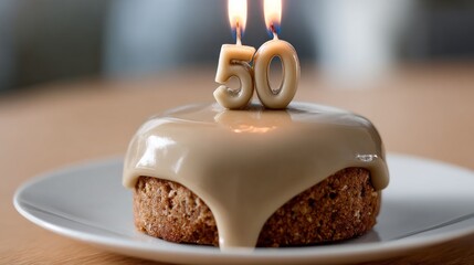 Beautiful beige cake with candles celebrating a special 50th birthday party at a cozy venue