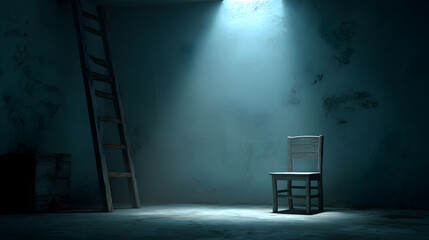 Empty Chair and Ladder to Barred Window in Dark Room
