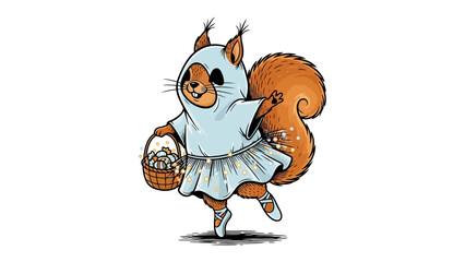 Squirrel Ballerina: A whimsical illustration of a squirrel dressed in a tutu, poised gracefully en pointe, clutching a woven basket filled with treats.