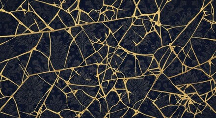 Intricate mosaic design presents a cracked appearance over a floral pattern, with golden lines delicately filling the separations against a dark navy background.