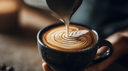 Barista Hand Pouring Latte Art Close-Up