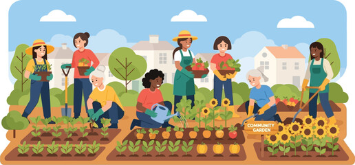 Diverse group of women tending to a community garden with vegetables plants