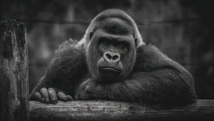 Powerful Gorilla Resting in Black and White.