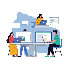 Fototapeta premium Diverse team collaborating on projects at office desks with laptops and charts.